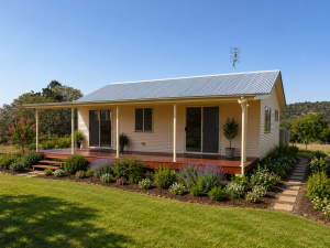 Single-story beige house with a metal roof, wide porch, sliding glass doors, and a well-kept garden with colorful flowers.